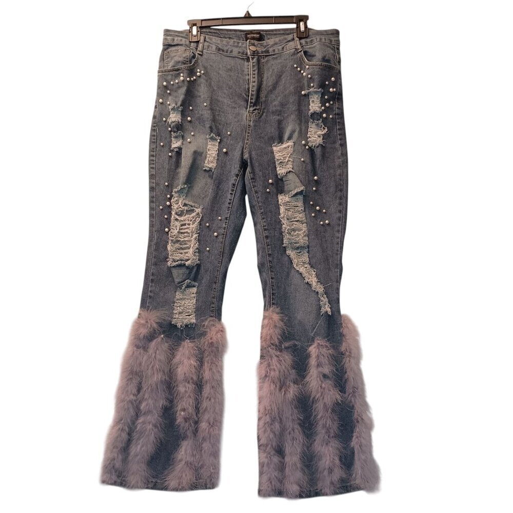 PlusWear Thrashed Women Glam Blue Jeans Flare Legs with Feathers Hippie  Size XL